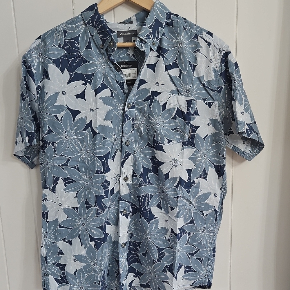 Eddie Bauer Blue Floral Button Shirt Tropical Outdoor Size L NWT